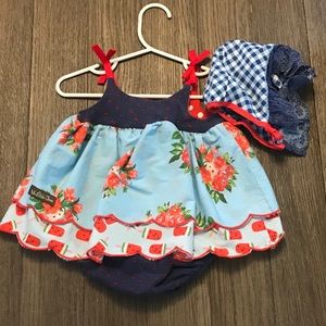 EUC Matilda Jane Romper with Bonnet 6-12 months
